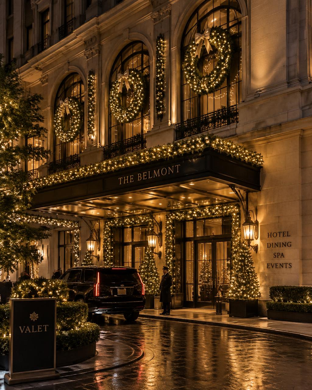Elegant commercial entrance glowing with warm Christmas lights and garland